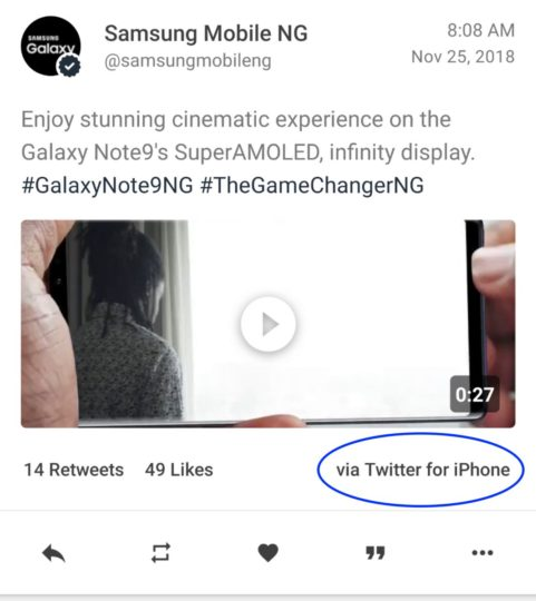 Официальный Twitter-аккаунт Samsung ведется со смартфона iPhone