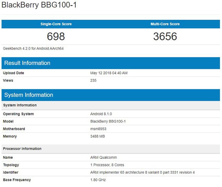 Смартфон BlackBerry BBG100 замечен в бенчмарке Geekbench