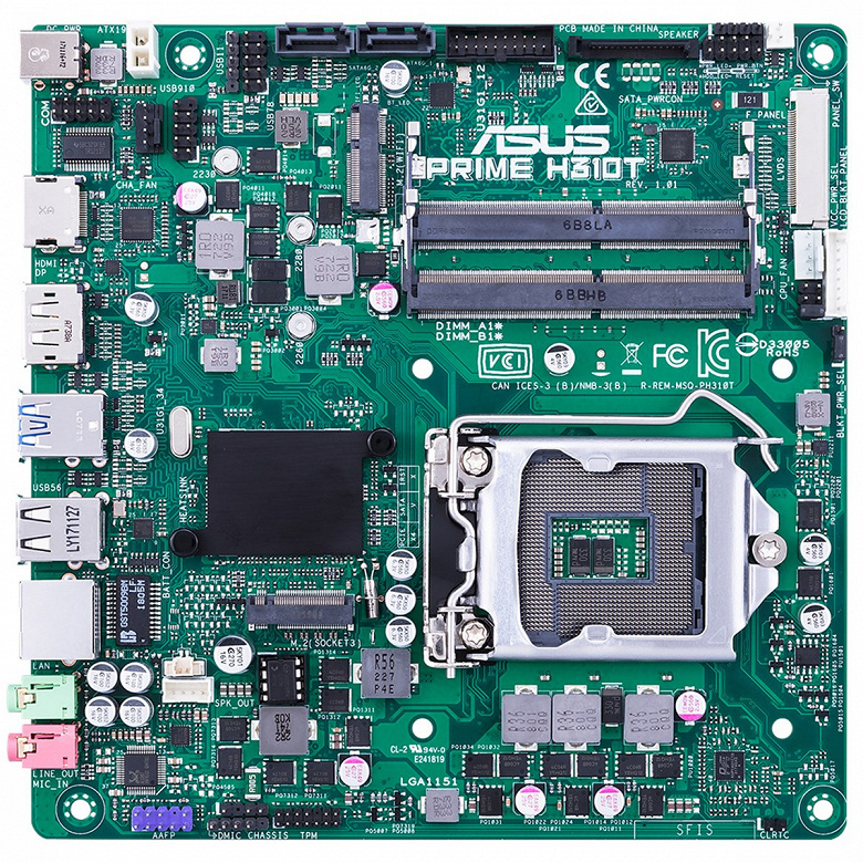 Системная плата ASUS Prime H310T типоразмера Thin mini-ITX поддерживает процессоры с TDP до 95 Вт