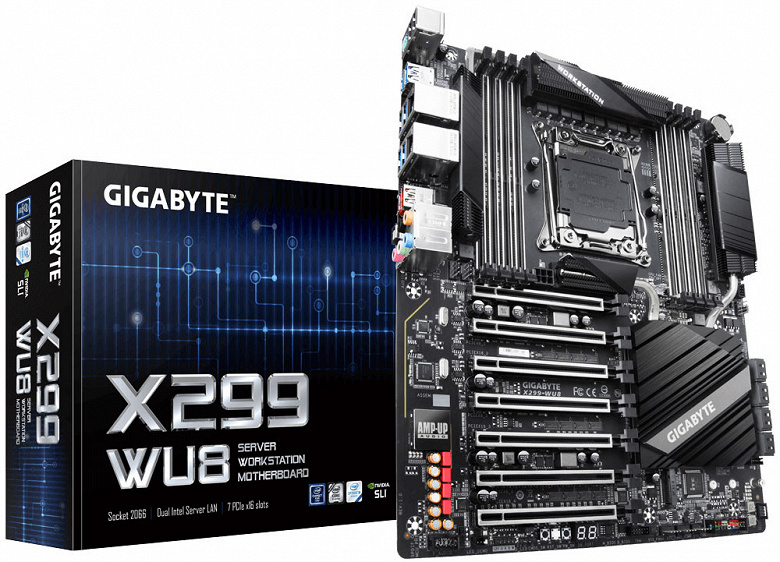 Плата Gigabyte X299-WU8 оснащена семью слотами PCIe 3.0 x16, четыре из которых могут одновременно работать в максимальной конфигурации