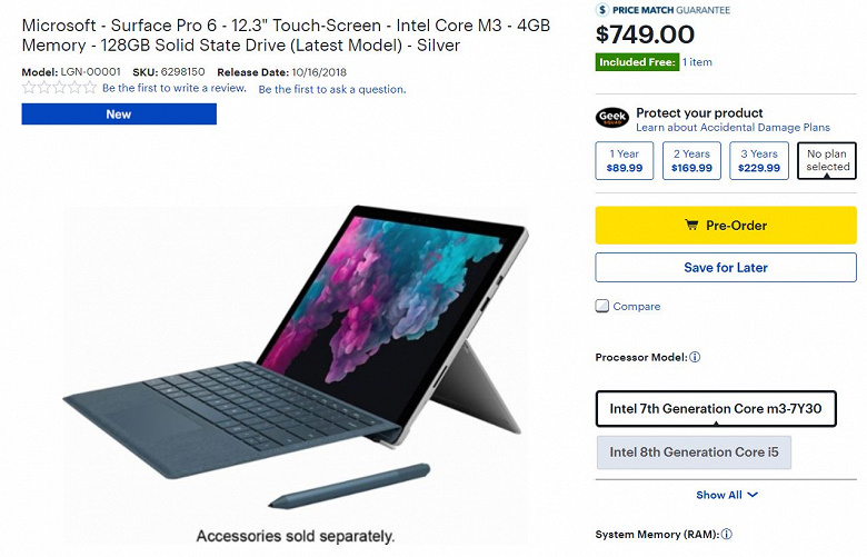 У нового планшета Microsoft Surface Pro 6 неожиданно обнаружилась доступная версия, ее цена – от $750