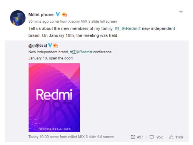 Официально: 10 января Xiaomi представит смартфон Redmi с камерой разрешением 48 Мп и превратит Redmi в самостоятельный бренд