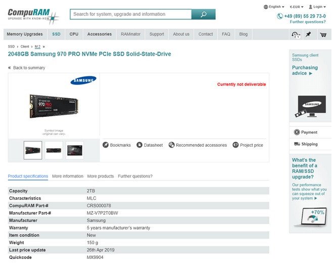 Накопитель Samsung 970 Pro вскоре станет доступен в версии объёмом 2 ТБ