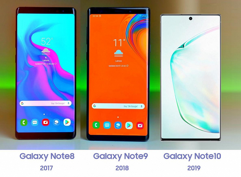 Samsung Galaxy Note10, Galaxy Note9 и Galaxy Note8 вместе на одном изображении