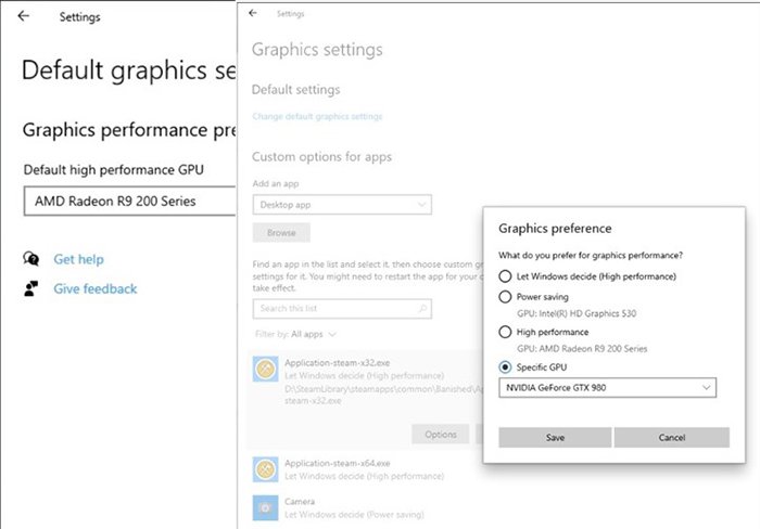 В Windows 10 можно вручную выбрать видеокарту для ресурсоемких приложений