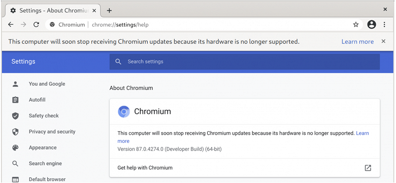 Браузер Google Chrome прекращает работать на старых ПК