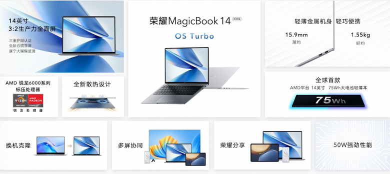 Ryzen 7 6800H, крошечная рамка, металлический корпус, экран 2К. Ноутбук Honor MagicBook 14 Ryzen Edition выходит в Китае