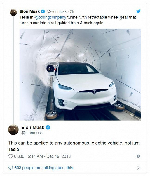 Илон Маск показал, как электромобиль Tesla превращается в дрезину для поездок по туннелям под Лос-Анджелесом