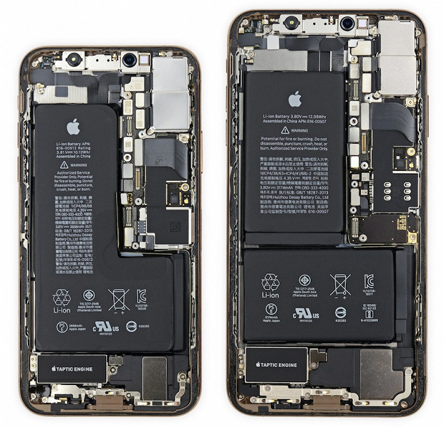 Внутри iPhone XS и XS Max специалисты iFixit обнаружили L-образный и двойной аккумуляторы