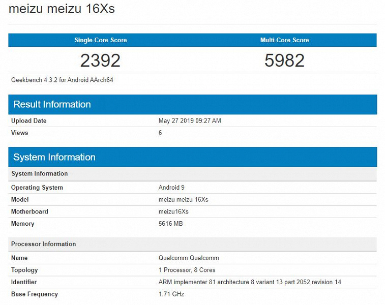 Meizu 16Xs не впечатляет свой производительностью в Geekbench