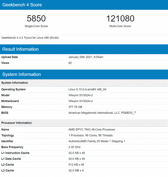 48-ядерный процессор AMD Epyc 7643 (Milan) уничтожил два 28-ядерных процессора Intel в Geekbench