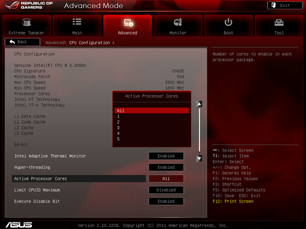 Скриншот UEFI Setup (отключение функций процессора) платы ASUS Rampage IV Extreme