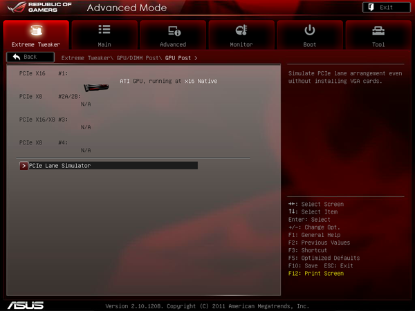 Скриншот UEFI Setup (установленные видеокарты в GPU/DIMM Post) платы ASUS Rampage IV Extreme