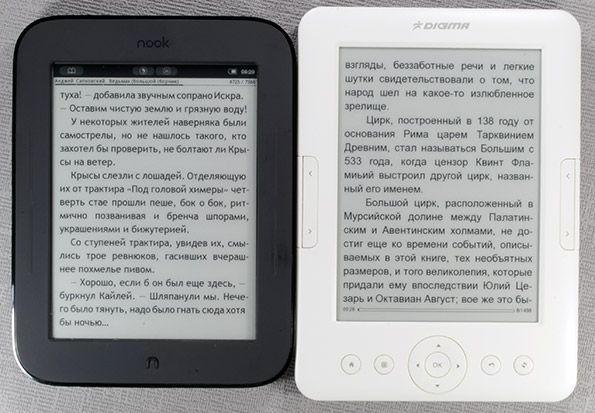 Сравнение экранов E-Ink Pearl электронных книг Digma e605 и Nook Simple Touch