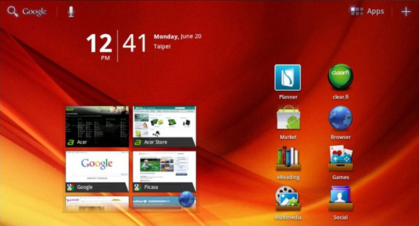 Вид главного экрана рабочего стола планшета Acer Iconia Tab A100 с ОС Google Android 3.2