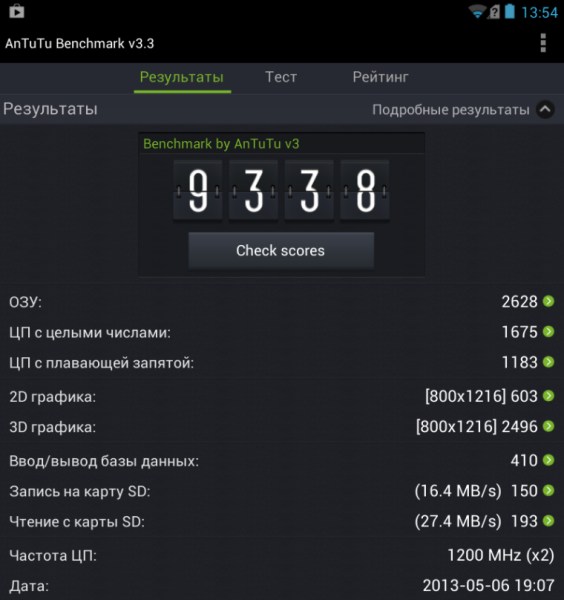 Результаты теста Quadrant Benchmark на планшете ASUS Fonepad