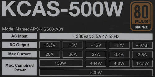 Характеристики блока питания Aerocool KCAS-500W