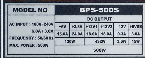 Характеристики блока питания Chieftec BPS-500S