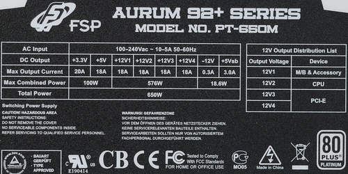 Характеристики блока питания FSP Aurum 92+ 650 (PT650M)