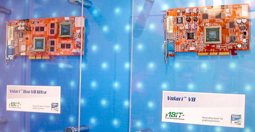 CeBIT 2004: стенд компании XGI, карты на чипах Volari Duo V8 Ultra, V8, V5