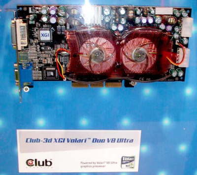 CeBIT 2004: стенд компании XGI, карты на чипах Volari Duo V8 Ultra, V8, V5