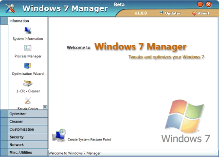 Пользовательский интерфейс программы Windows 7 Manager