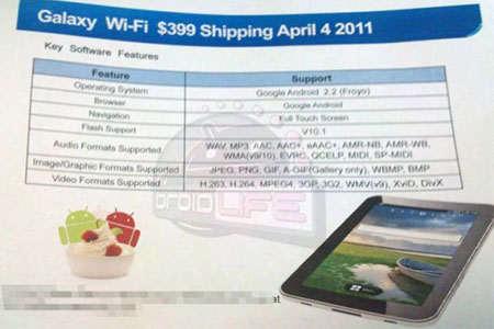 Рекламная листовка говорит о том, что Samsung Galaxy Tab Wi-Fi поступит в продажу 4 апреля...