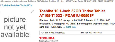 Планшет Toshiba Thrive ненадолго появился на онлайновой витрине J&R