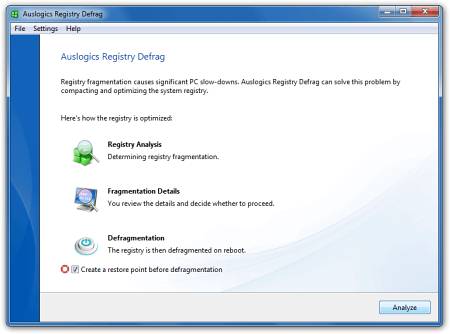 Скриншот главного окна Auslogics Registry Defrag