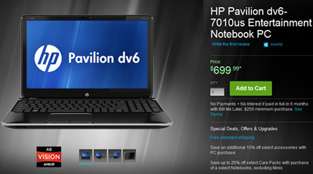 Стоимость HP Pavilion dv6-7010us в базовом исполнении - $700