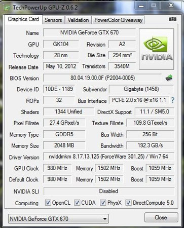Базовая частота ядра GPU GIGABYTE GeForce GTX 670 WindForce OC равна 980 МГц