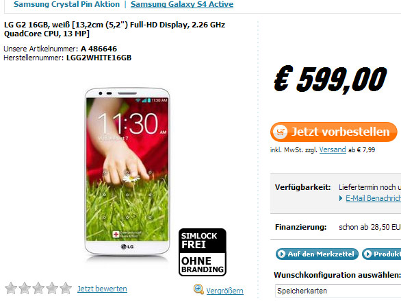 Смартфон LG G2 замечен в одном из немецких магазинов