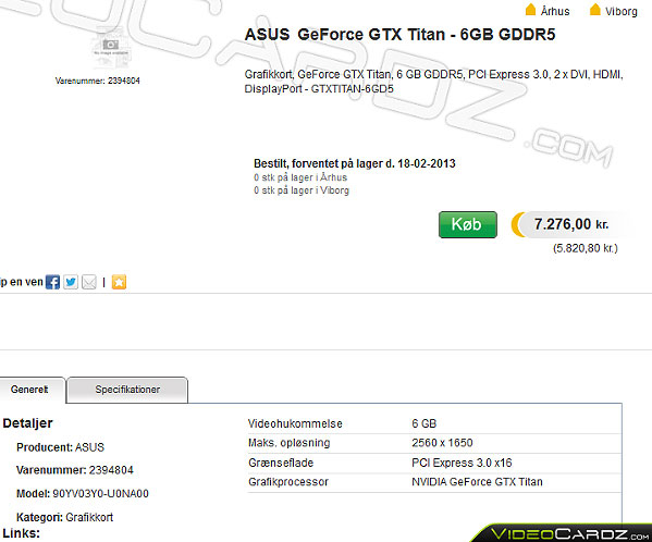 ASUS GeForce GTX Titan    Proshop  $1300
