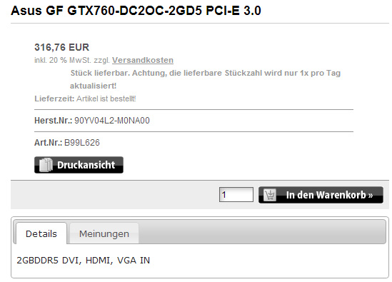 Asus GeForce GTX 760 DirectCU II OC в предложении онлайнового магазина Austriahosting