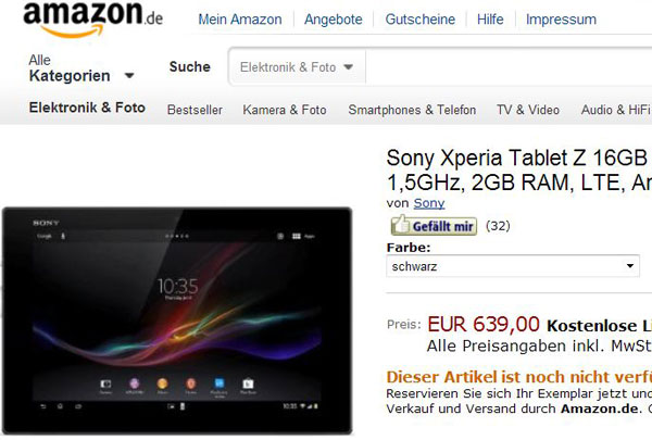 Планшет Sony Xperia Tablet Z с 16 ГБ флэш-памяти без модема LTE стоит 420 евро