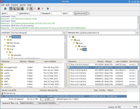 Скриншот рабочего интерфейса FileZilla