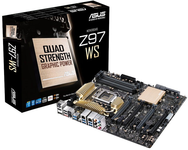 Системная плата Asus Z97-WS поддерживает конфигурации Nvidia 4-Way SLI и AMD 4-Way CrossFireX