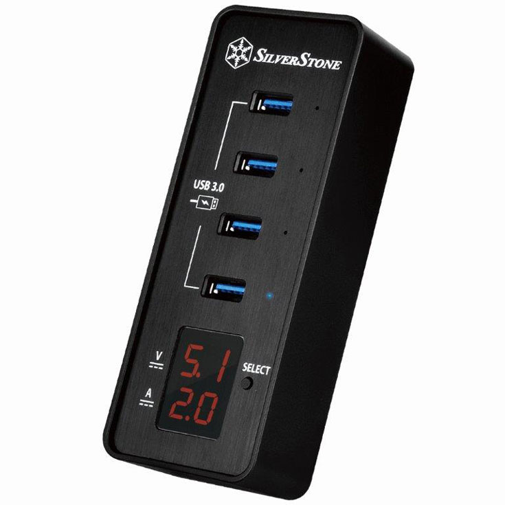 Концентратор SilverStone EP03 имеет четыре порта USB 3.0 и цифровой индикатор напряжения и тока