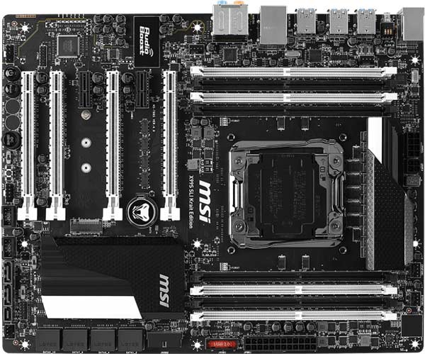 На плате MSI X99S SLI Krait Edition есть восемь слотов для памяти и четыре слота PCIe 3.0 x16