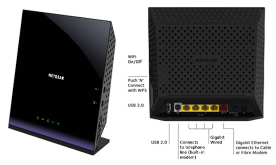 Конфигурация Netgear D6400 включает пять портов Gigabit Ethernet и два порта USB 2.0