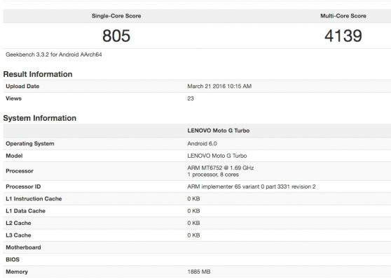 Lenovo Moto G Turbo, построенный на SoC MediaTek MT6752, засветился на сайте Geekbench