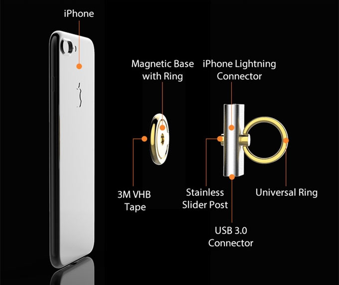 Помимо самого накопителя с разъемами Lighting и USB, в комплект входит «база» с кольцом и магнитом