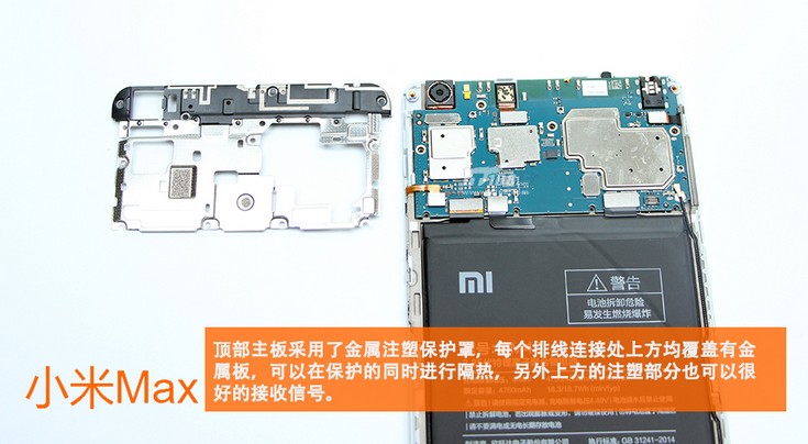 Внутри смартфона Xiaomi Mi Max большую часть места занимает аккумулятор