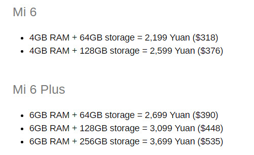 Опубликованы цены смартфонов Xiaomi Mi6 и Mi6 Plus