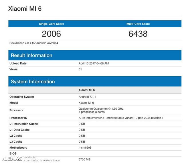 Смартфон Xiaomi Mi6 в тесте GeekBench опередил Samsung Galaxy S8