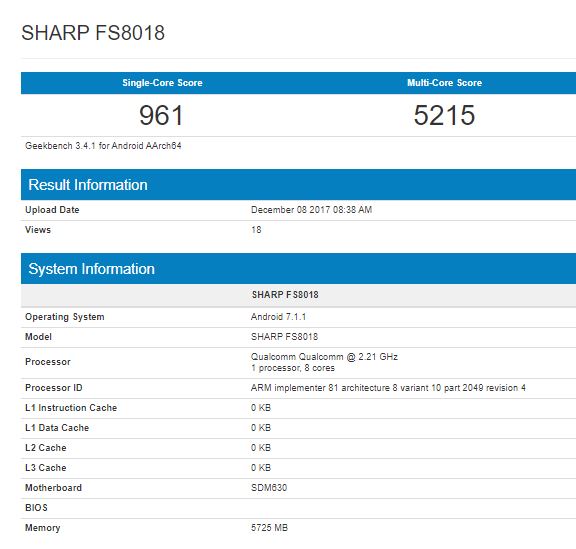 Смартфон Sharp FS8018 протестирован в Geekbench