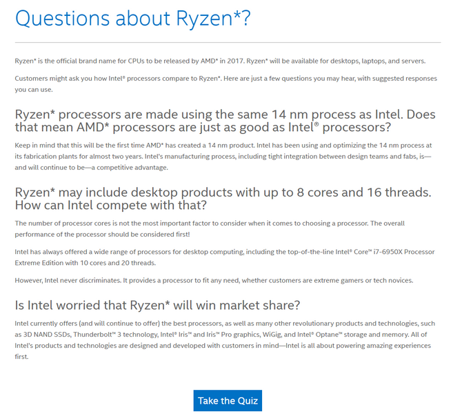 Intel учит сотрудников правильно отвечать на вопросы, касающиеся процессоров AMD Ryzen