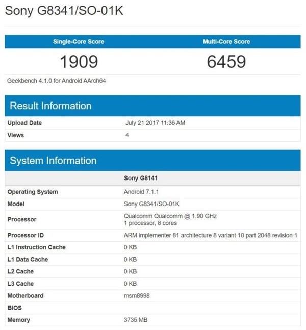 Смартфон Sony Xperia XZ1 (G8341) оснащен SoC Snapdragon 835 и 4 ГБ ОЗУ