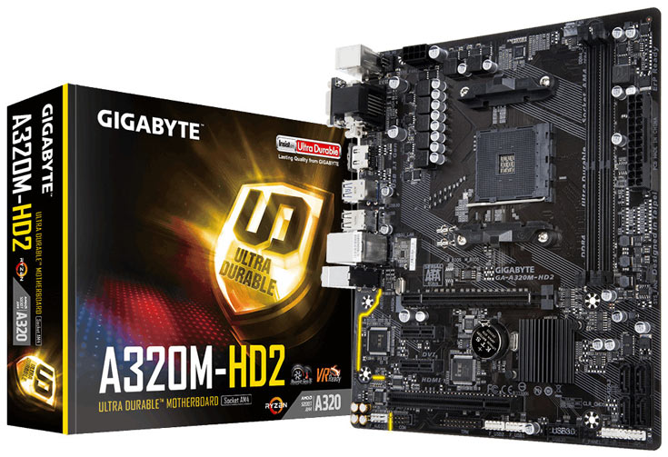 Системная плата Gigabyte GA-A320M-HD2 с процессорным гнездом AM4 выполнена в типоразмере mATX