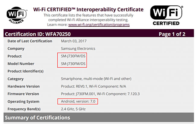 Смартфон Samsung Galaxy J7 (2017) прошел сертификацию в организации WiFi Alliance